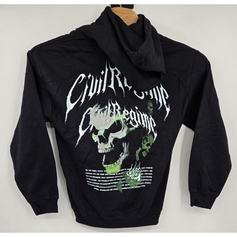 Civil Regime Pullover Hoodie Mens M Black Graphic Skull Kangaroo Pocket Sweater - Picture 2 of 6